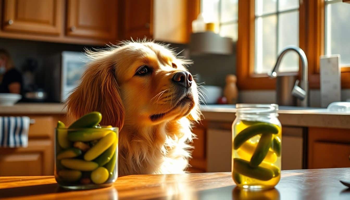 Een enthousiaste golden retriever kijkt nieuwsgierig naar een pot augurken.