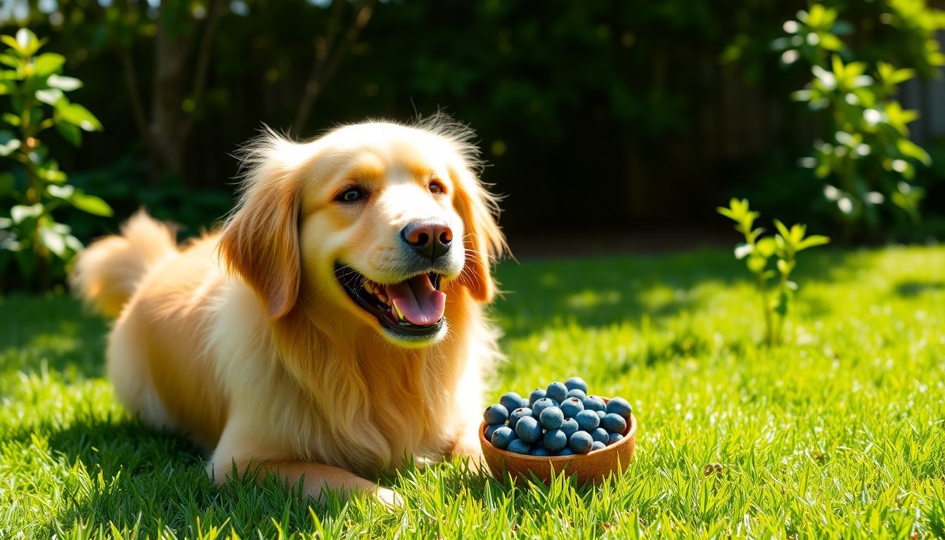 Een vrolijke golden retriever eet blauwe bessen in de tuin.