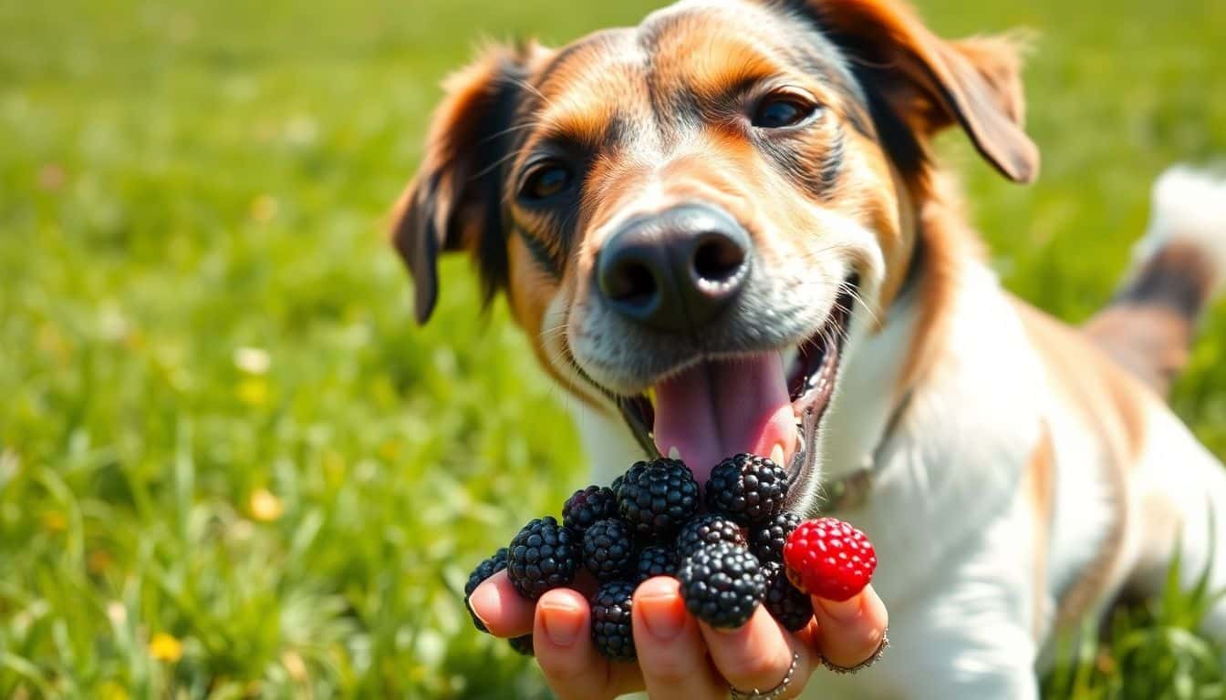 Een blije hond geniet van verse bramen in een grasveld.