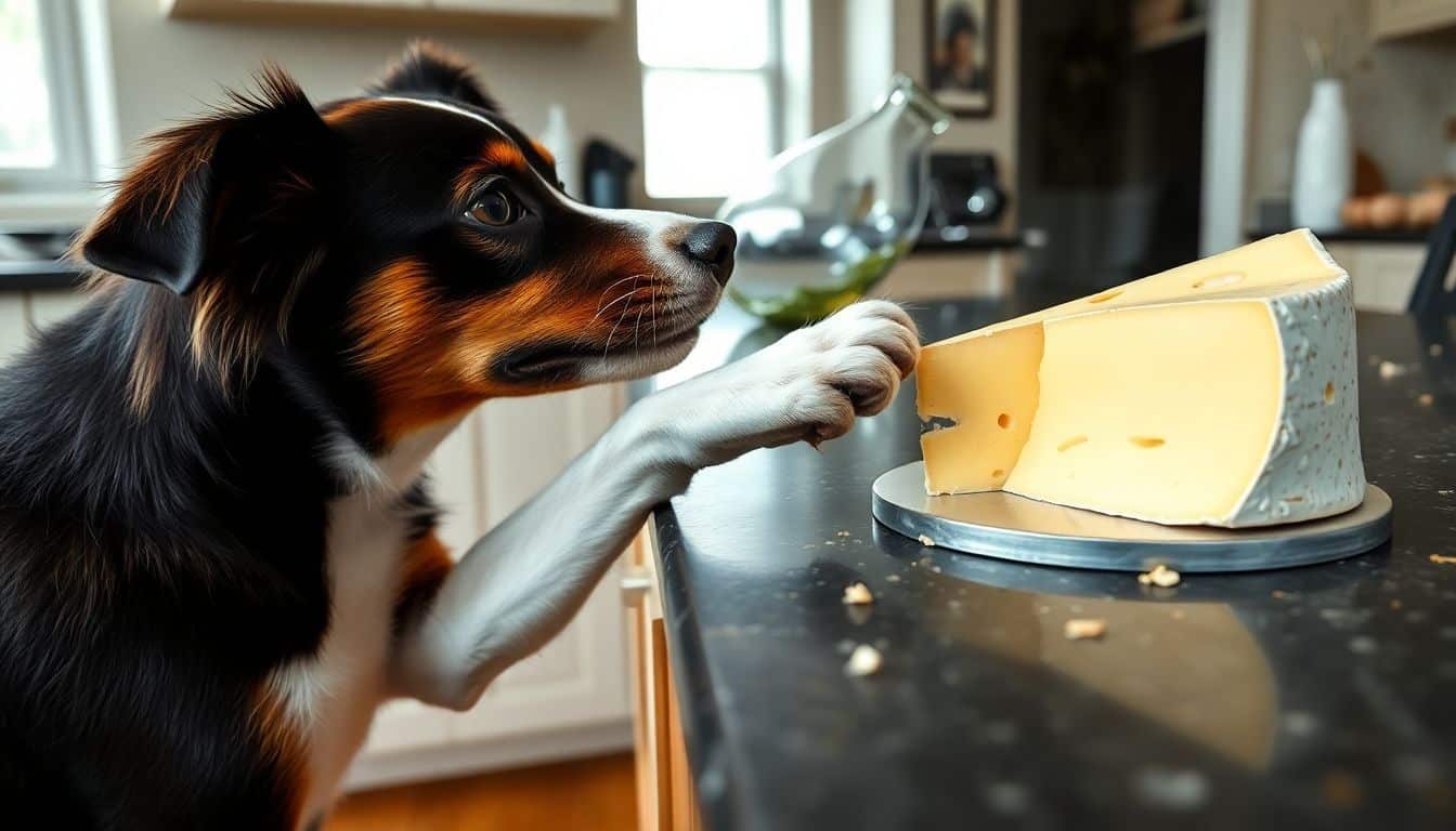 Een speelse hond reikt naar een blokje brie kaas op het aanrecht.