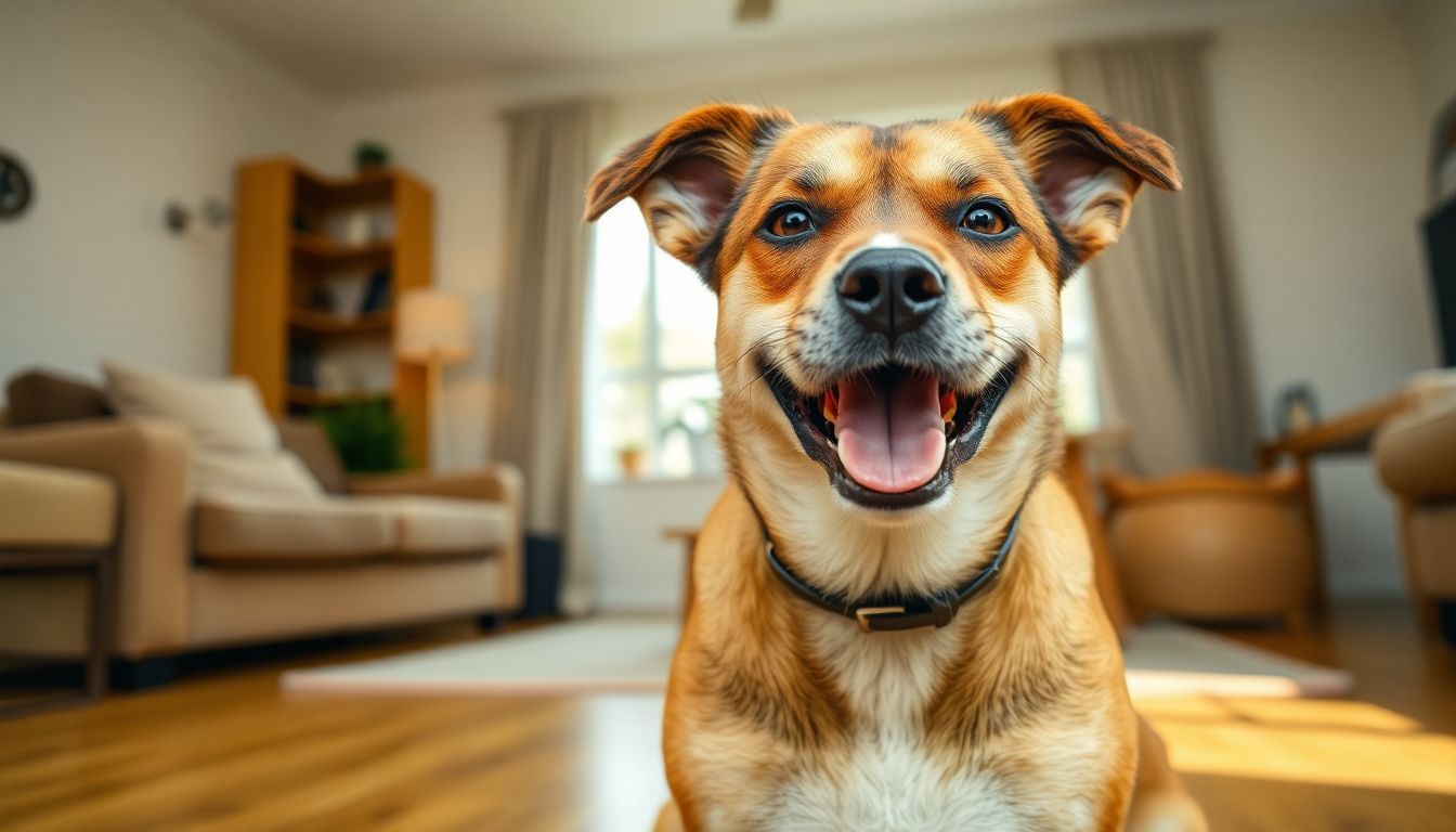 Een gelukkige hond geniet van cashewnoten in een gezellige woonkamer. Een gelukkige hond geniet van cashewnoten in een gezellige woonkamer.