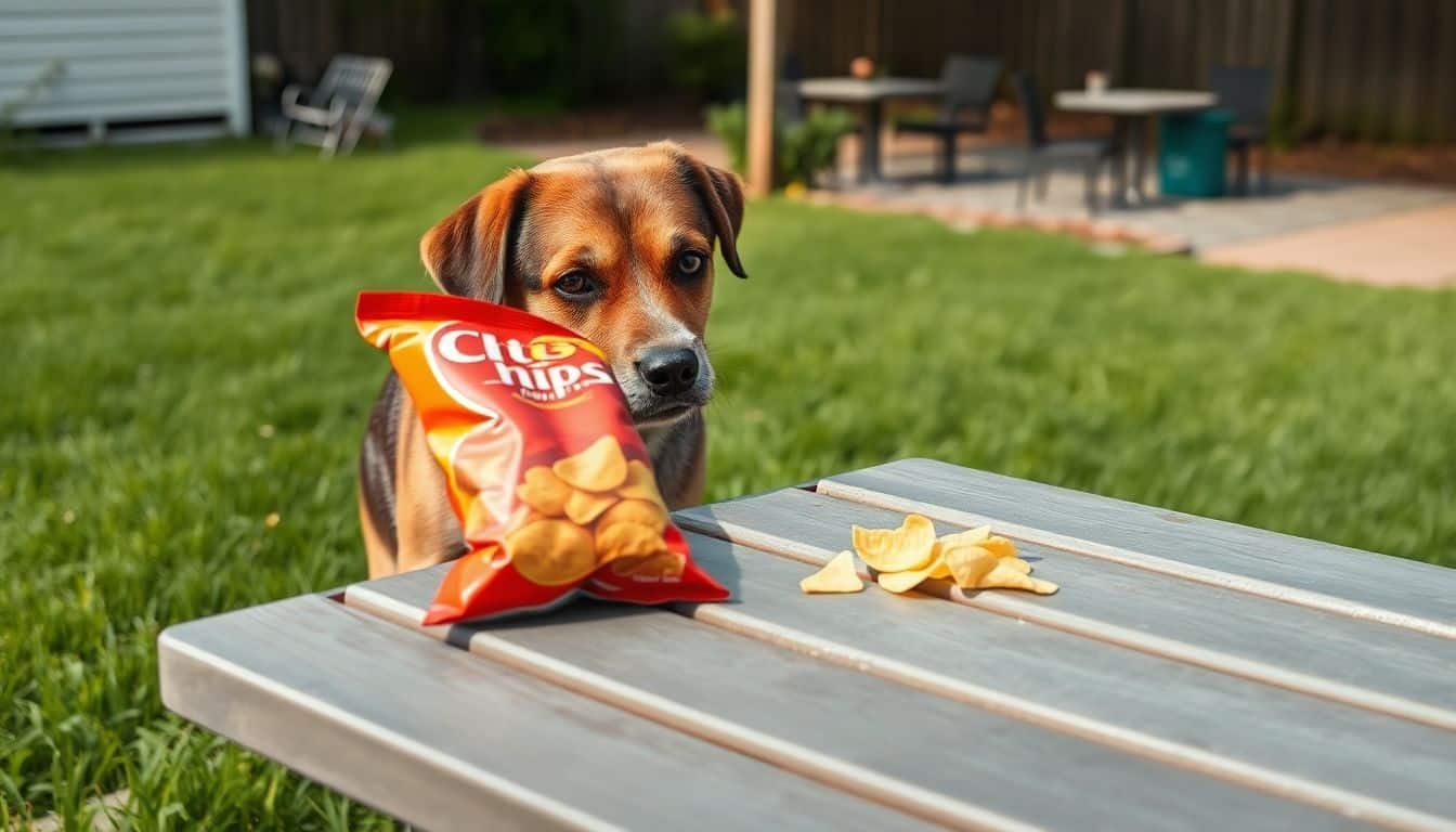 Een eenzame hond kijkt verlangend naar een zakje chips op een picknicktafel.