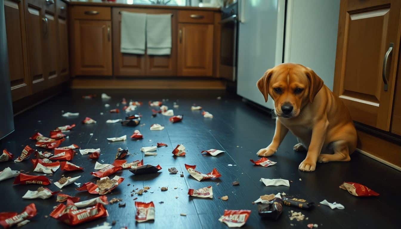 Een keuken met half opgegeten chocoladewikkels en een bezorgde hond.