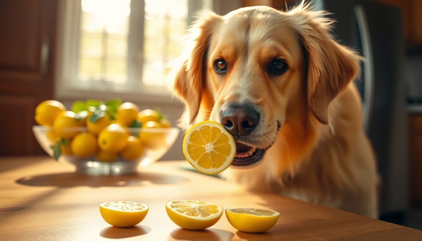 Een speelse golden retriever snuift aan een verse citroen in de keuken.