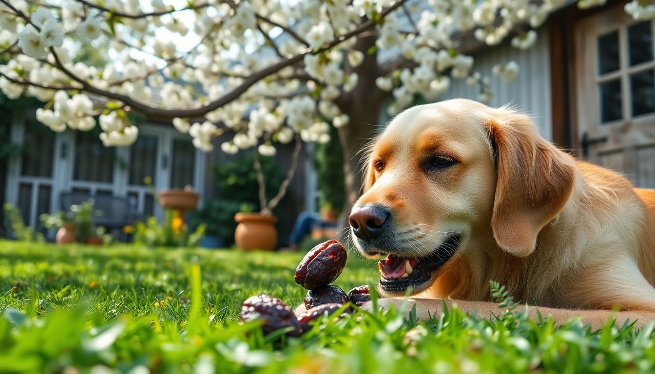 Een golden retriever eet rustig een dadel in een tuin.