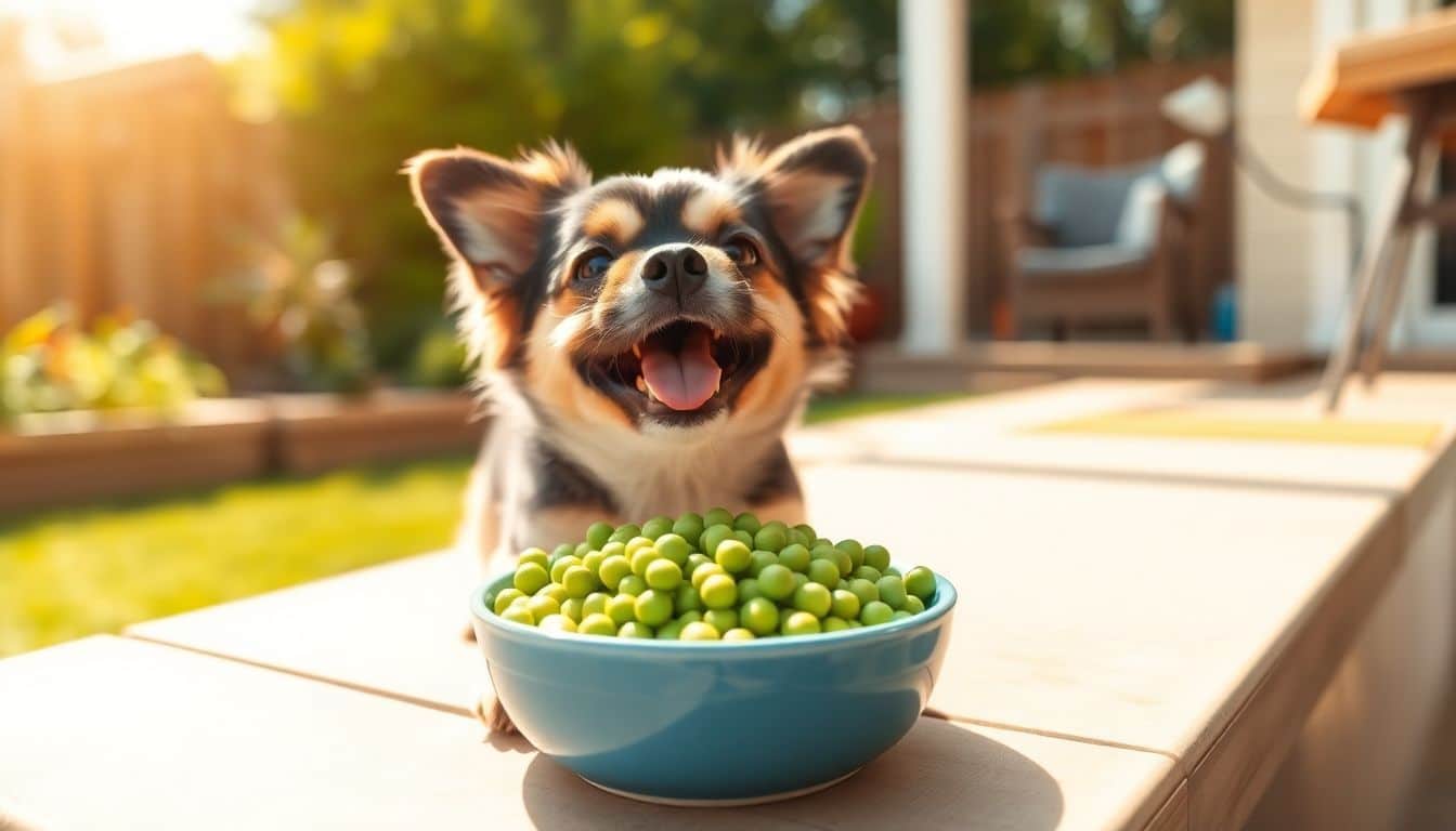 Een kleine hond eet vrolijk een kom met heldergroene erwten in de achtertuin.