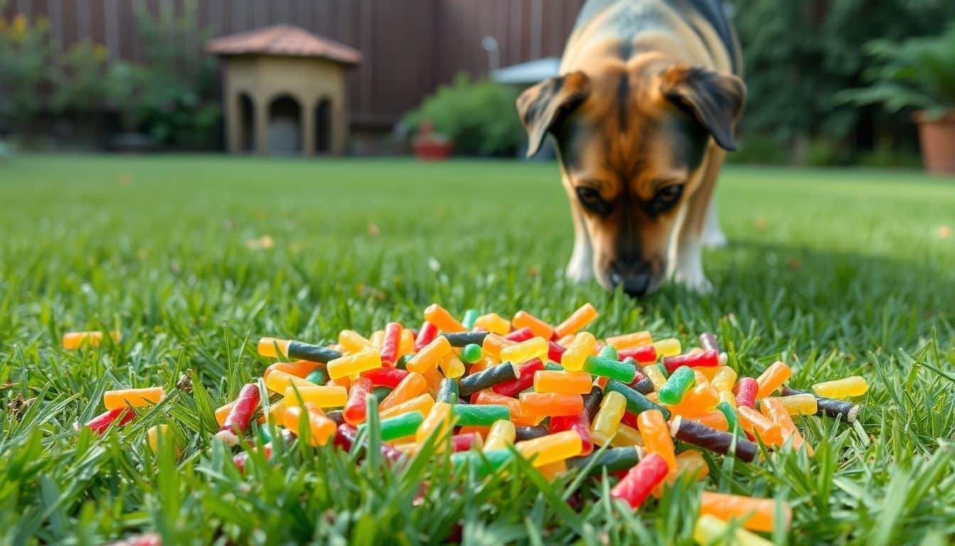 Een hond ruikt voorzichtig aan een stapel kleurrijke dropjes in de achtertuin.