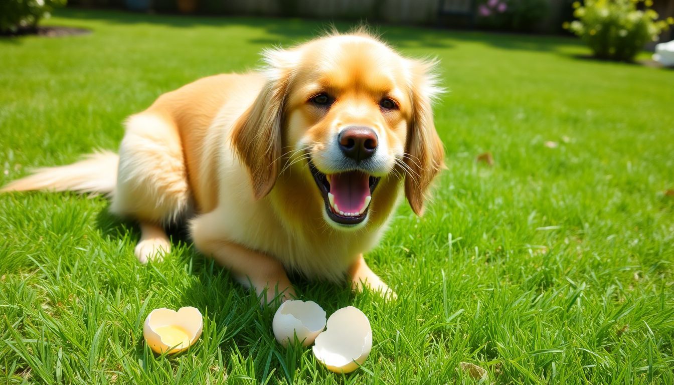 Een vrolijke golden retriever eet een gekookt ei in de achtertuin.