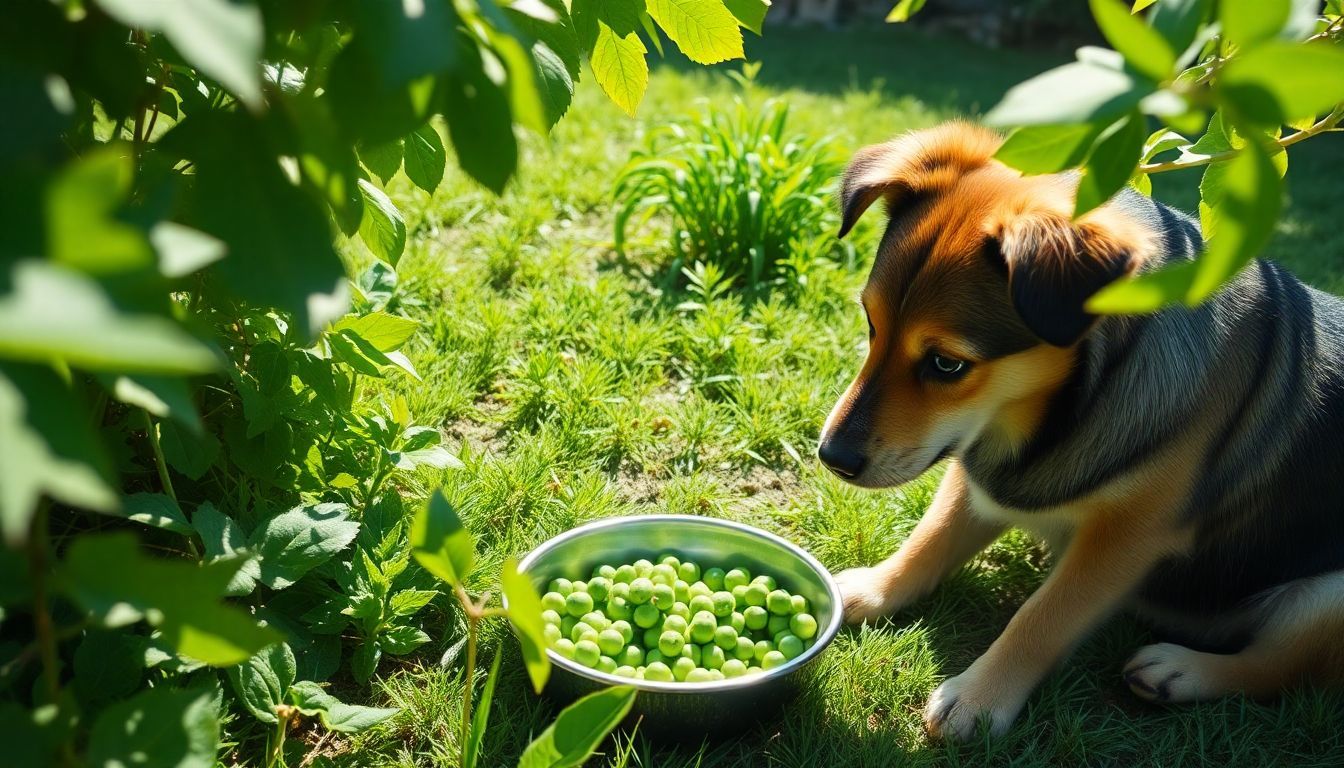 Een middelgrote hond snuffelt aan een kommetje verse erwten in een tuin.