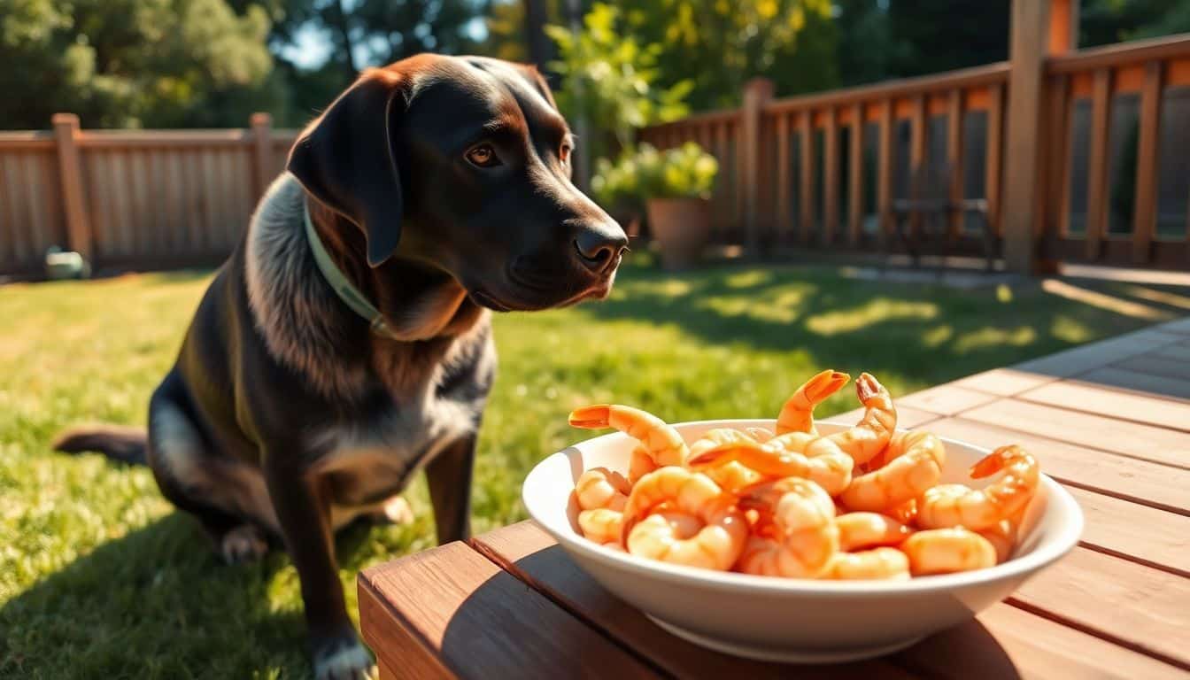 Een labrador retriever kijkt naar een kom met gekookte garnalen in de achtertuin.