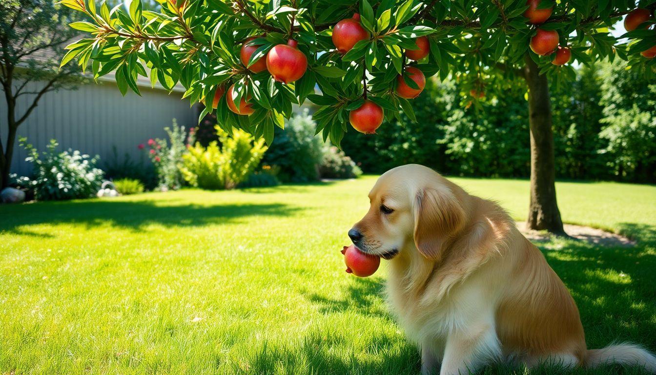 Een golden retriever snuffelt aan een rijpe granaatappel in de achtertuin.