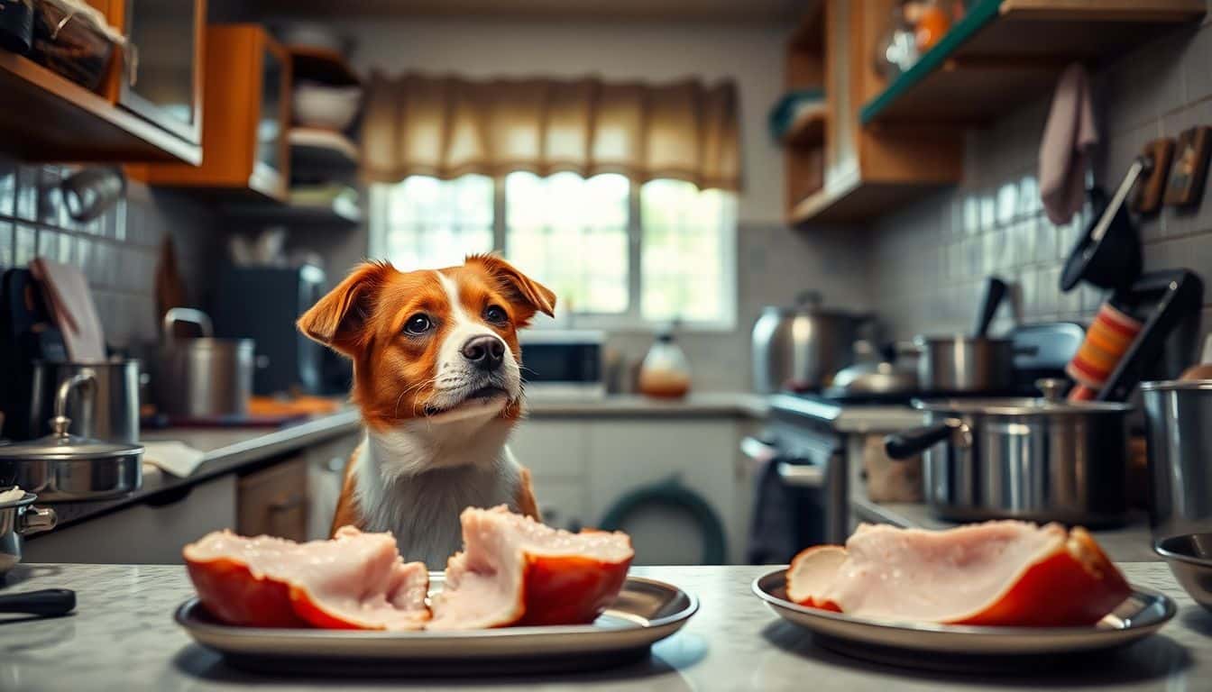 Een nieuwsgierige hond kijkt naar een half opgegeten ham in de rommelige keuken.