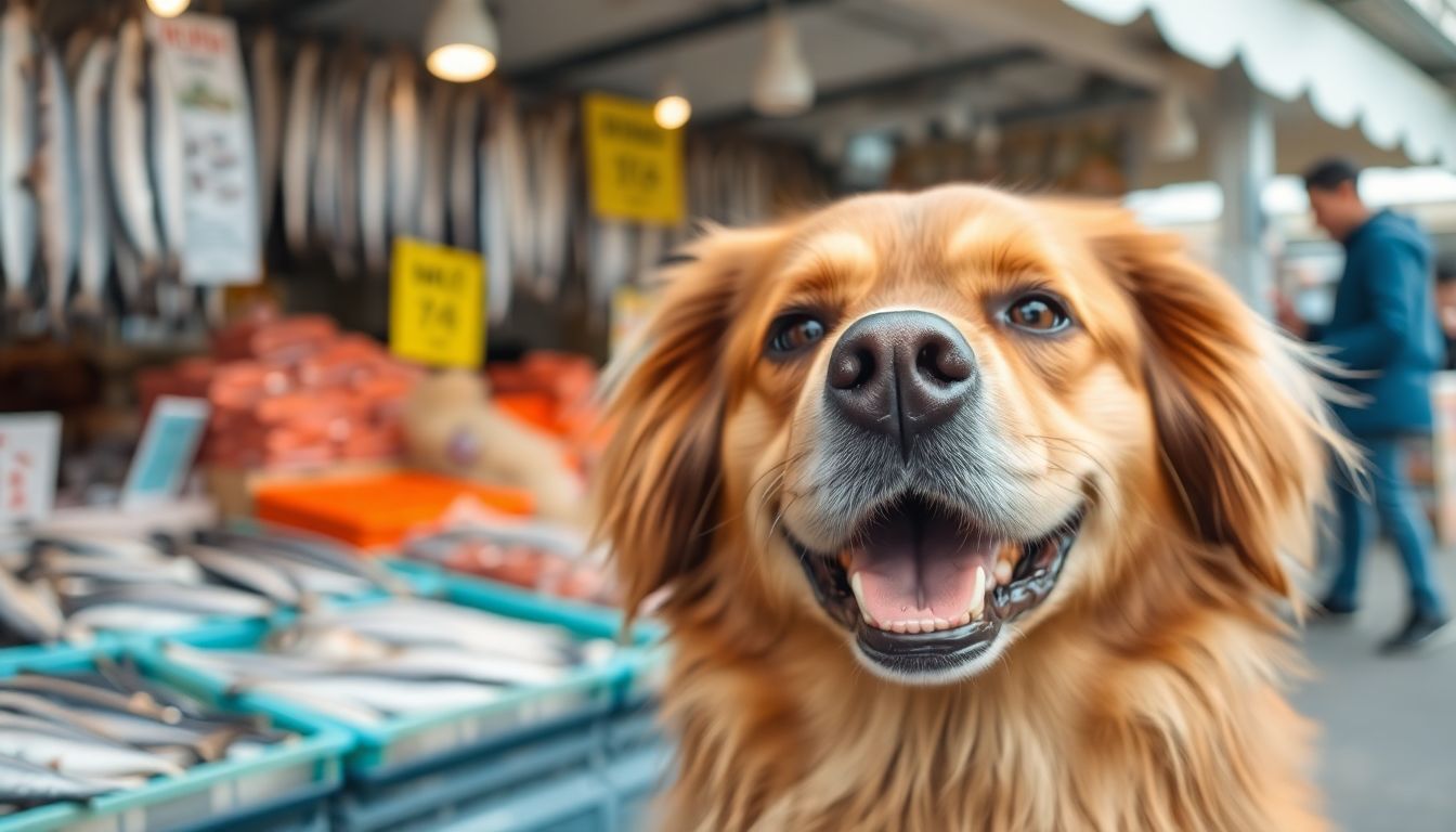 Een blije hond met een glanzende vacht bij een vismarkt.