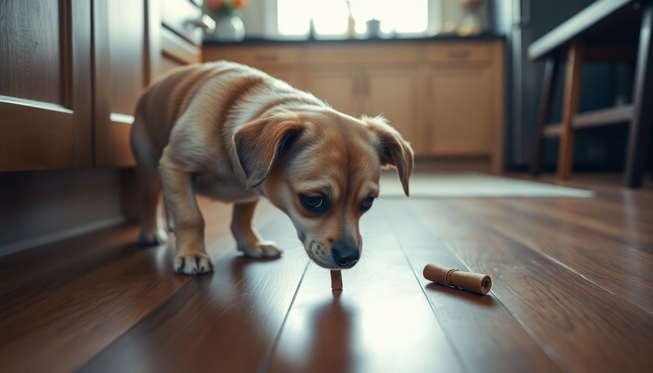 Een kleine hond snuffelt voorzichtig aan een kaneelstok op de keukenvloer.