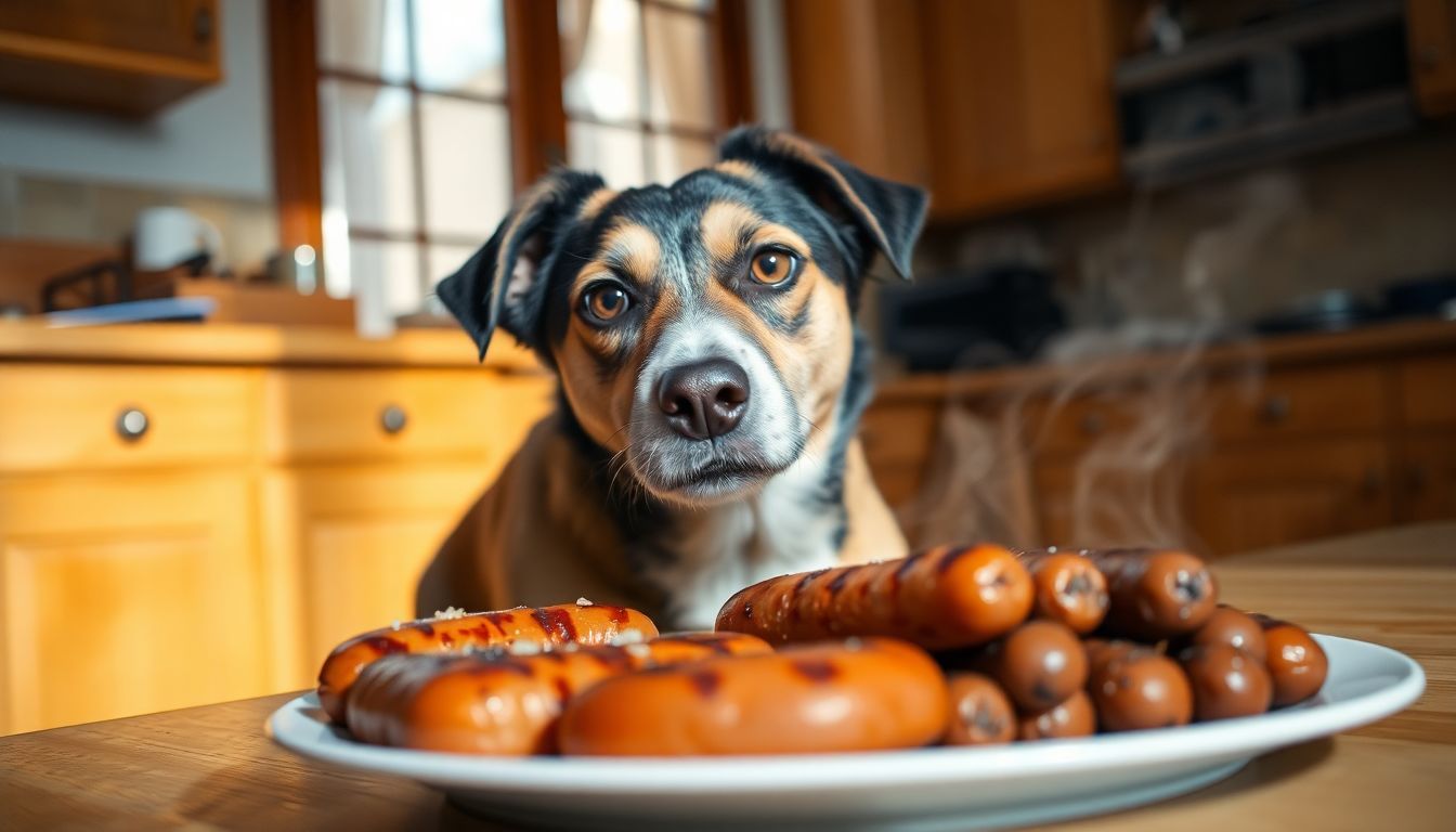 Een nieuwsgierige hond snuift aan een bord met warme worstjes.