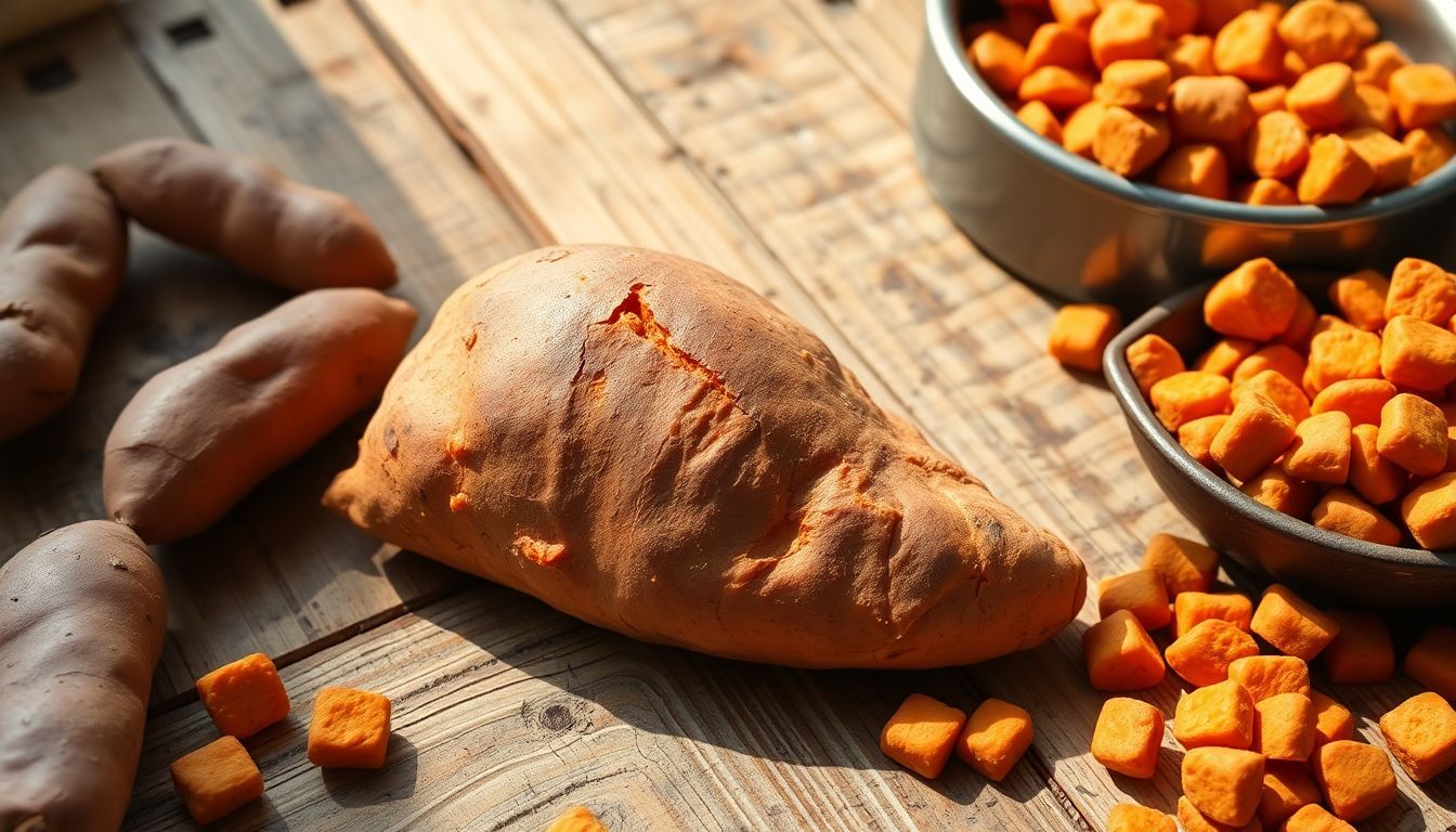 Een close-up foto van gekookte en rauwe zoete aardappelen, samen met hondenvoer.