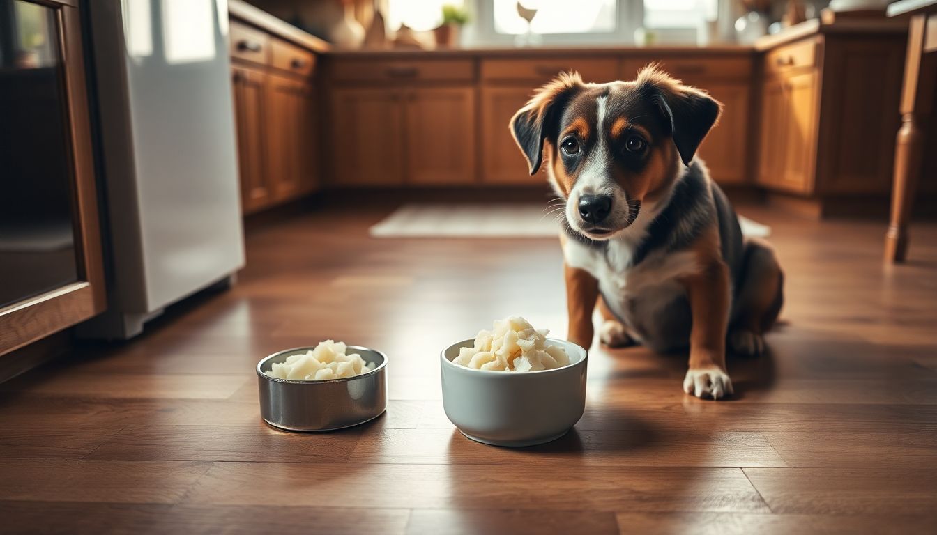 Een nieuwsgierige hond zit in een keuken en kijkt naar een kommetje zuurkool.