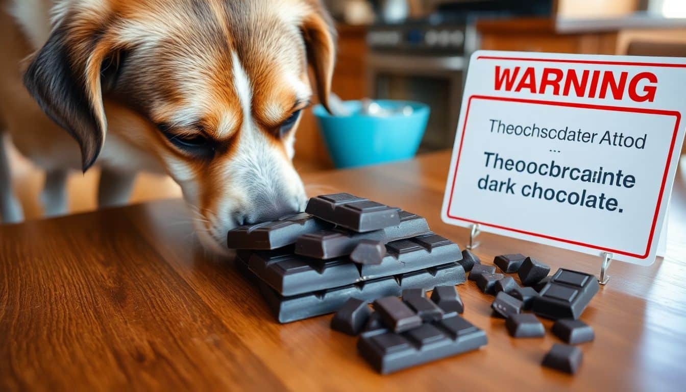 Een hond snuffelt aan gevaarlijke chocolade met theobromine-waarschuwing.