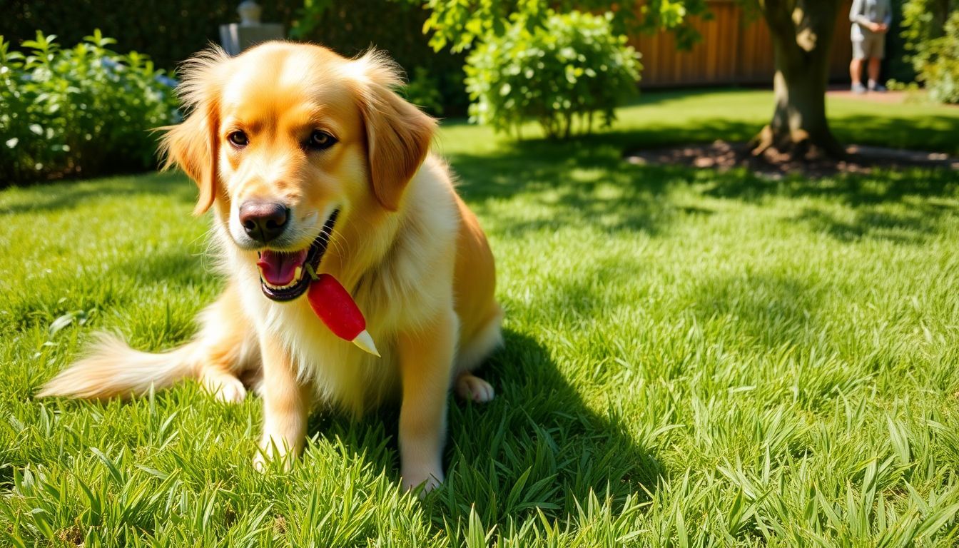 Een fluffy golden retriever geniet van een rode radijs in een zonnige tuin.