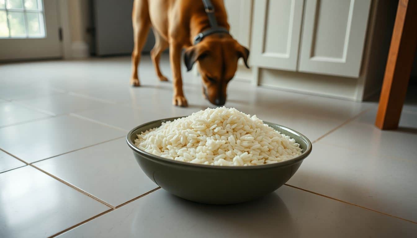 Een hond snuffelt aan een kom gekookte rijst op de keukenvloer.