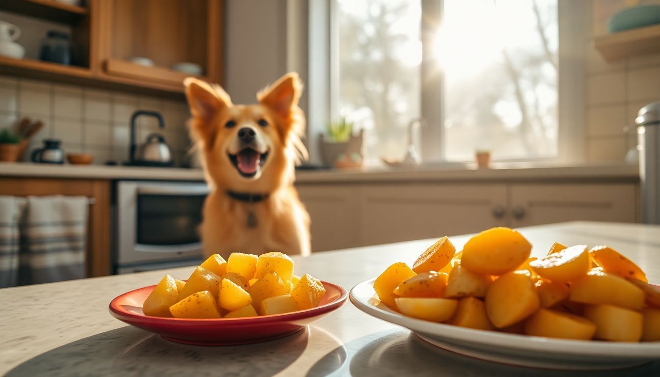 Een opgewonden hond zit naast gekookte aardappelen in de keuken.