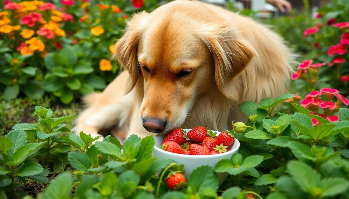 Een golden retriever geniet van aardbeien in een levendige tuin.