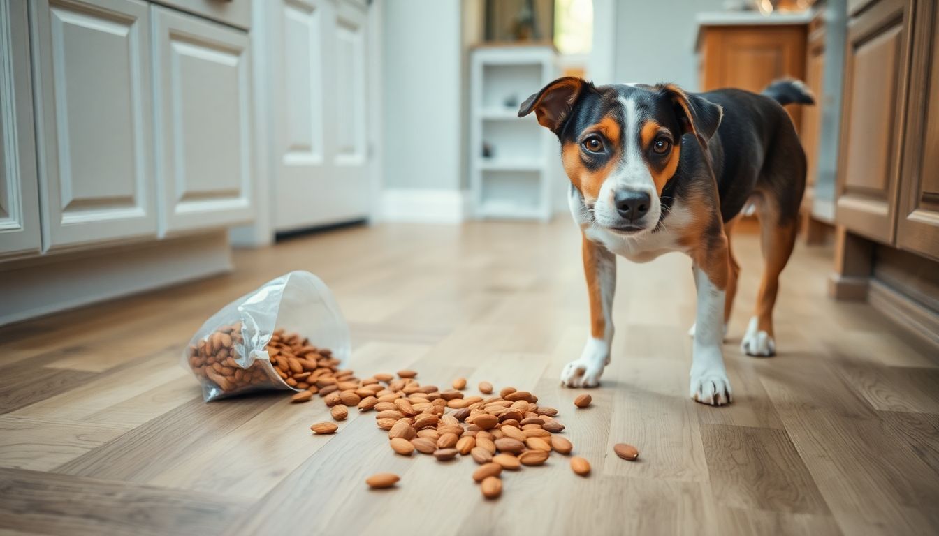 Een nieuwsgierige hond onderzoekt gemorste amandelen in de keuken. Een nieuwsgierige hond onderzoekt gemorste amandelen in de keuken.