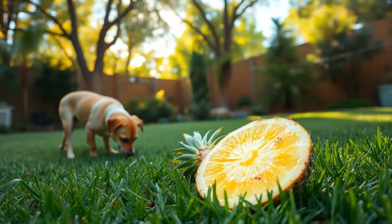 Een sappige ananasschijf op een grasveld met een nieuwsgierige hond.