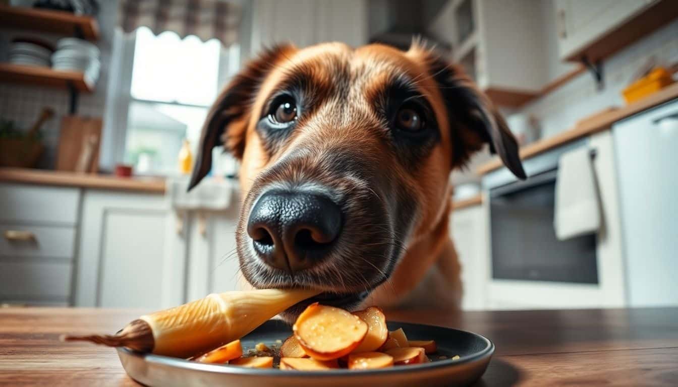 Een hond eet een stukje gekookte witlof in een knusse keuken.