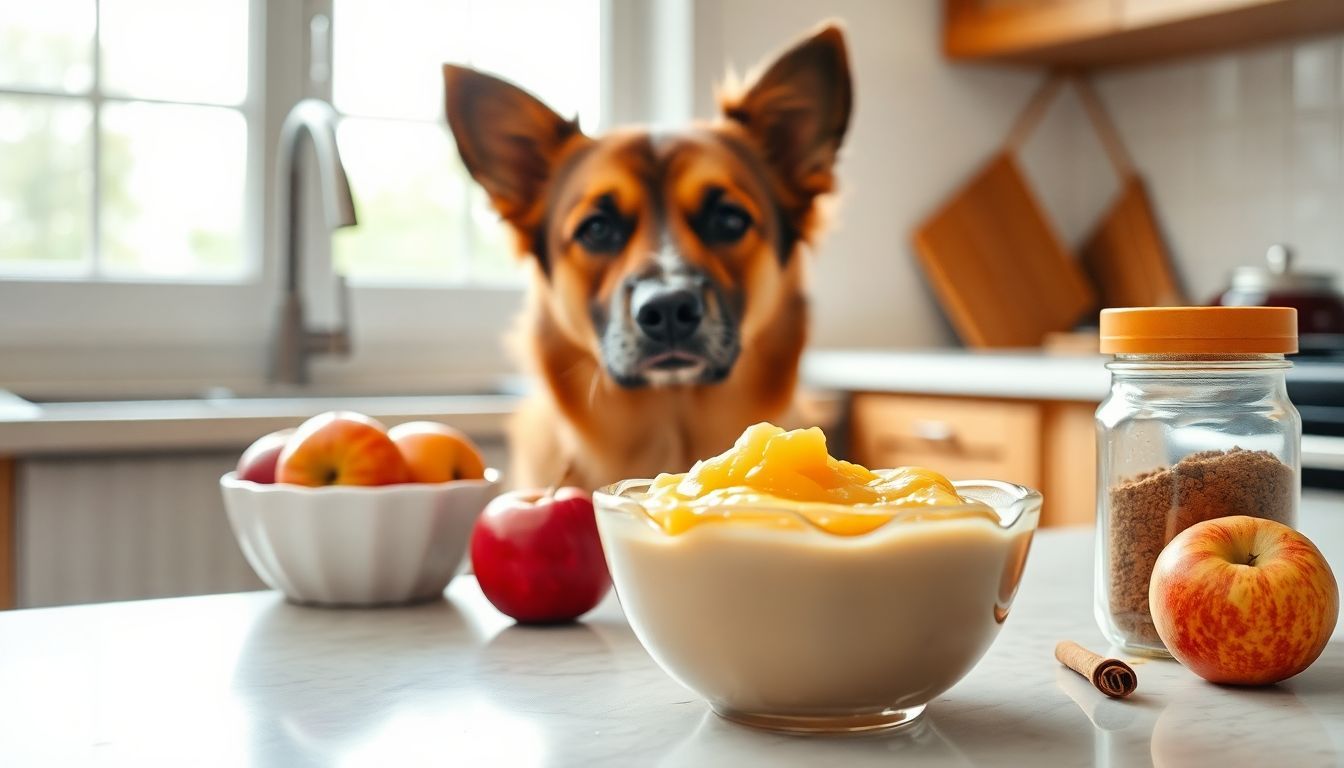 Een nieuwsgierige hond kijkt naar zelfgemaakte appelmoes in een gezellige keuken. Een nieuwsgierige hond kijkt naar zelfgemaakte appelmoes in een gezellige keuken.