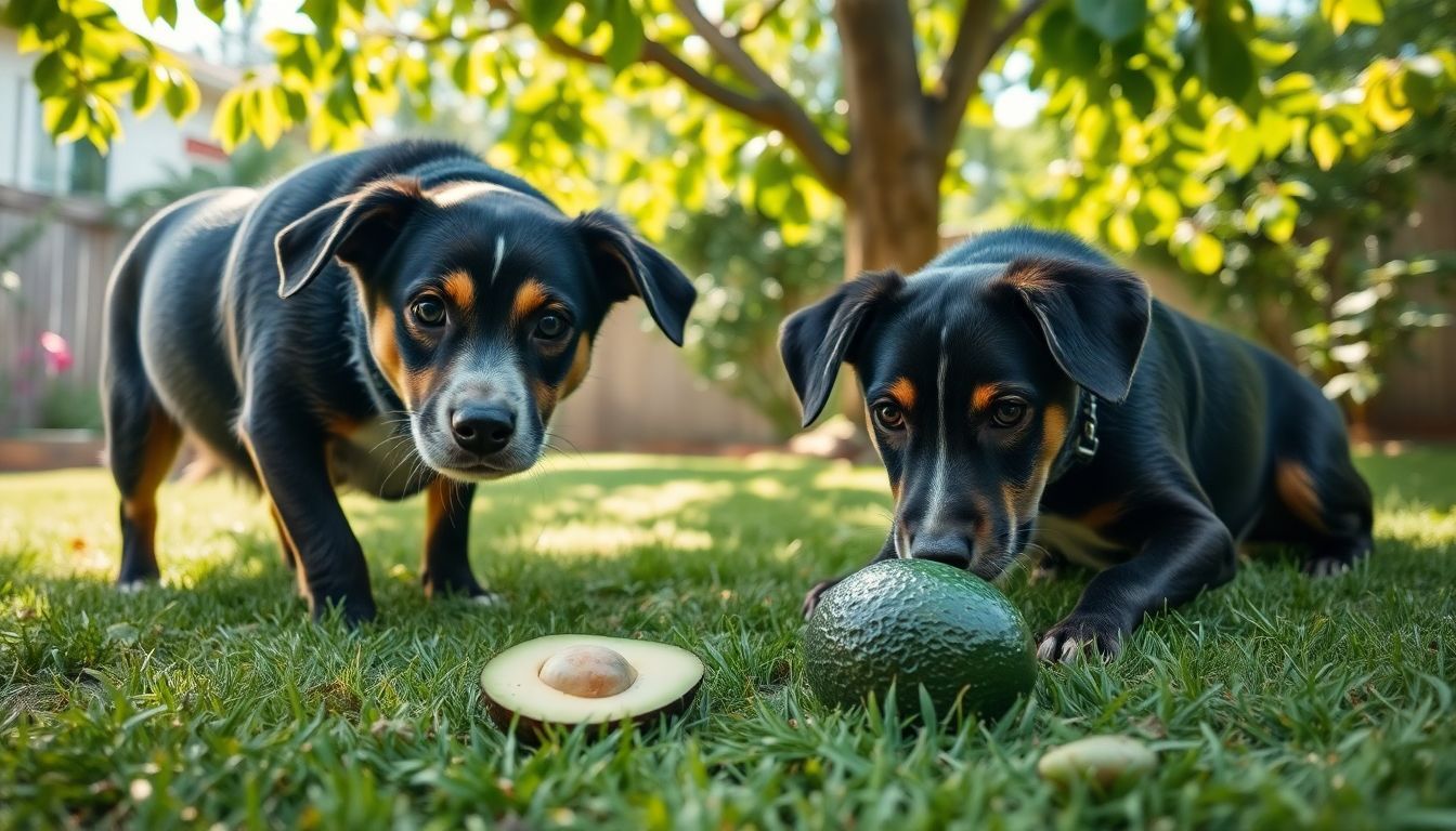 Een nieuwsgierige hond snuffelt aan een avocado in de achtertuin. Een nieuwsgierige hond snuffelt aan een avocado in de achtertuin.