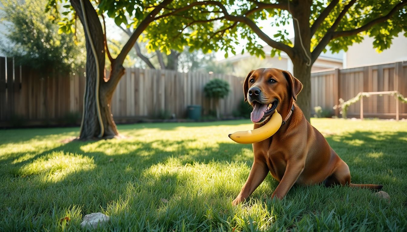 Een bruine Labrador retriever geniet van een banaan in de achtertuin.