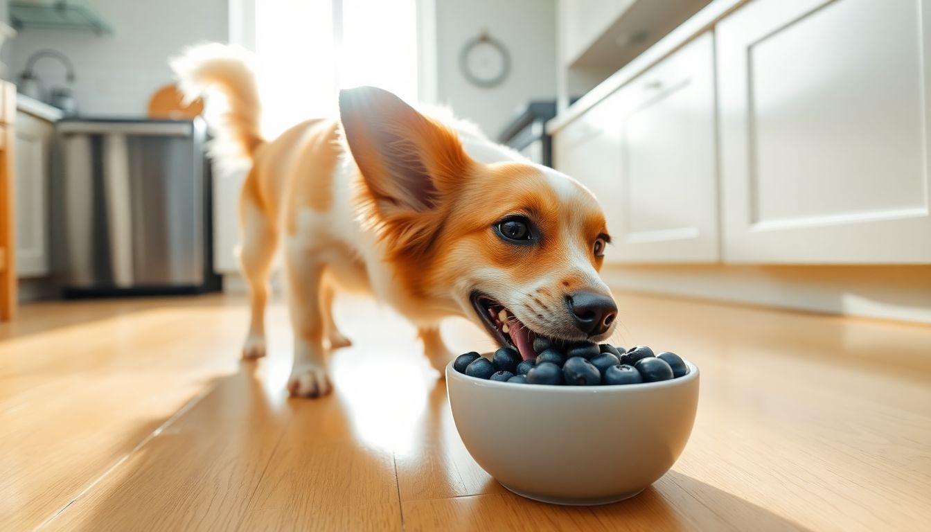 Een vrolijke hond eet blauwe bessen uit een kom op de keukenvloer.