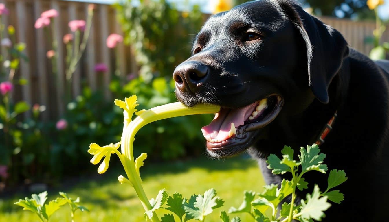 Een zwarte Labrador retriever geniet van een selderij snack in de tuin.