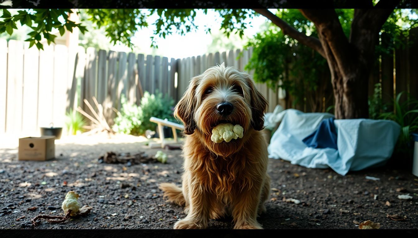 Een rommelige achtertuin waar een bruine hond van een stukje bloemkool geniet.