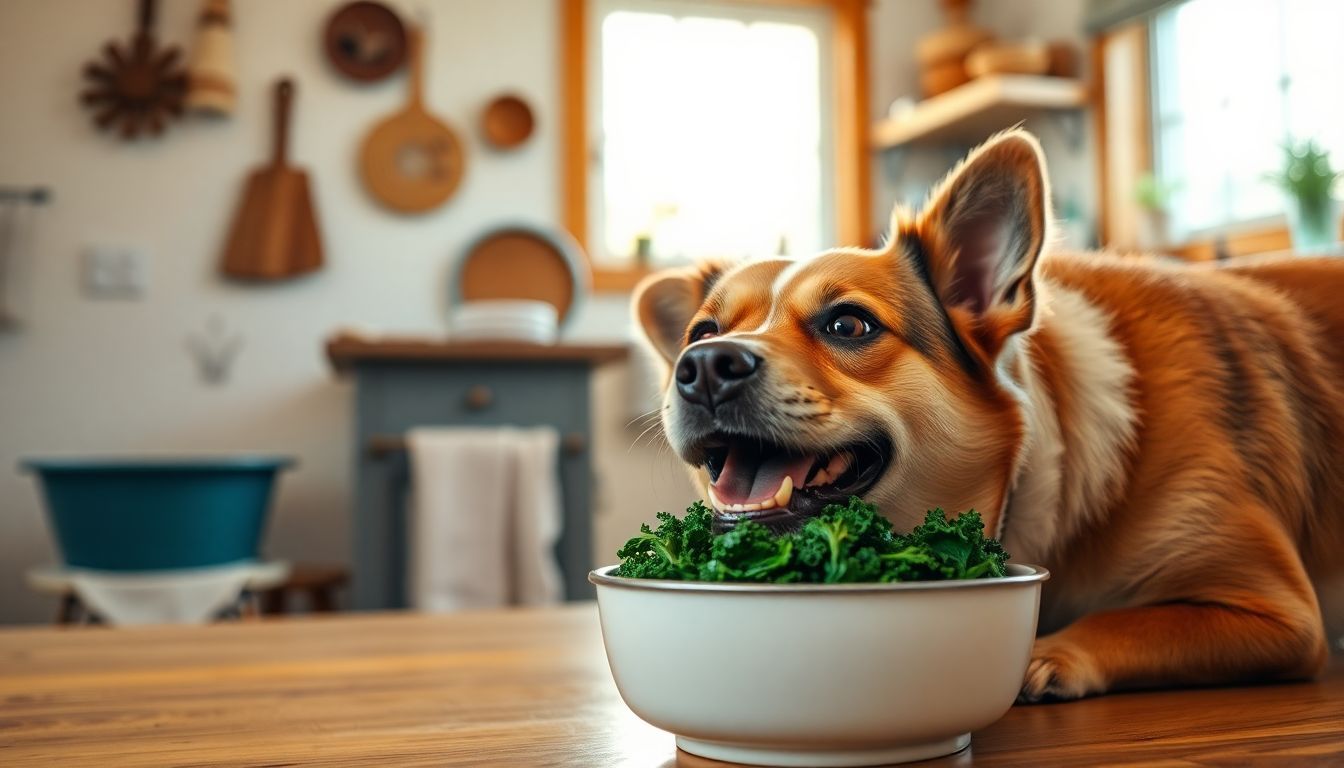 Een blije hond eet verse, gekookte boerenkool in een huiselijke keuken.