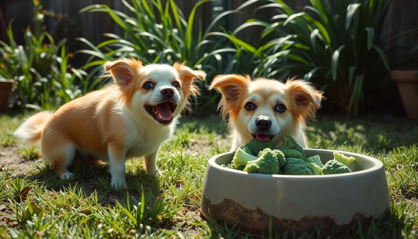 Een kleine hond eet gelukkig broccoli in een rommelige achtertuin.