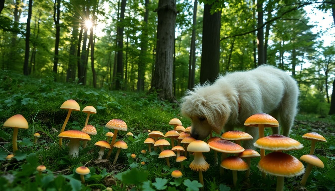 Een pluizige hond verkent een groen bos en snuffelt aan kleurrijke paddestoelen.
