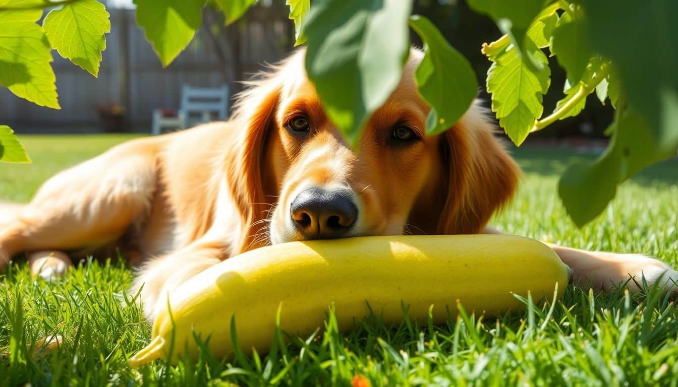 Een gouden retriever ontspant in de achtertuin naast een courgette. Een gouden retriever ontspant in de achtertuin naast een courgette.