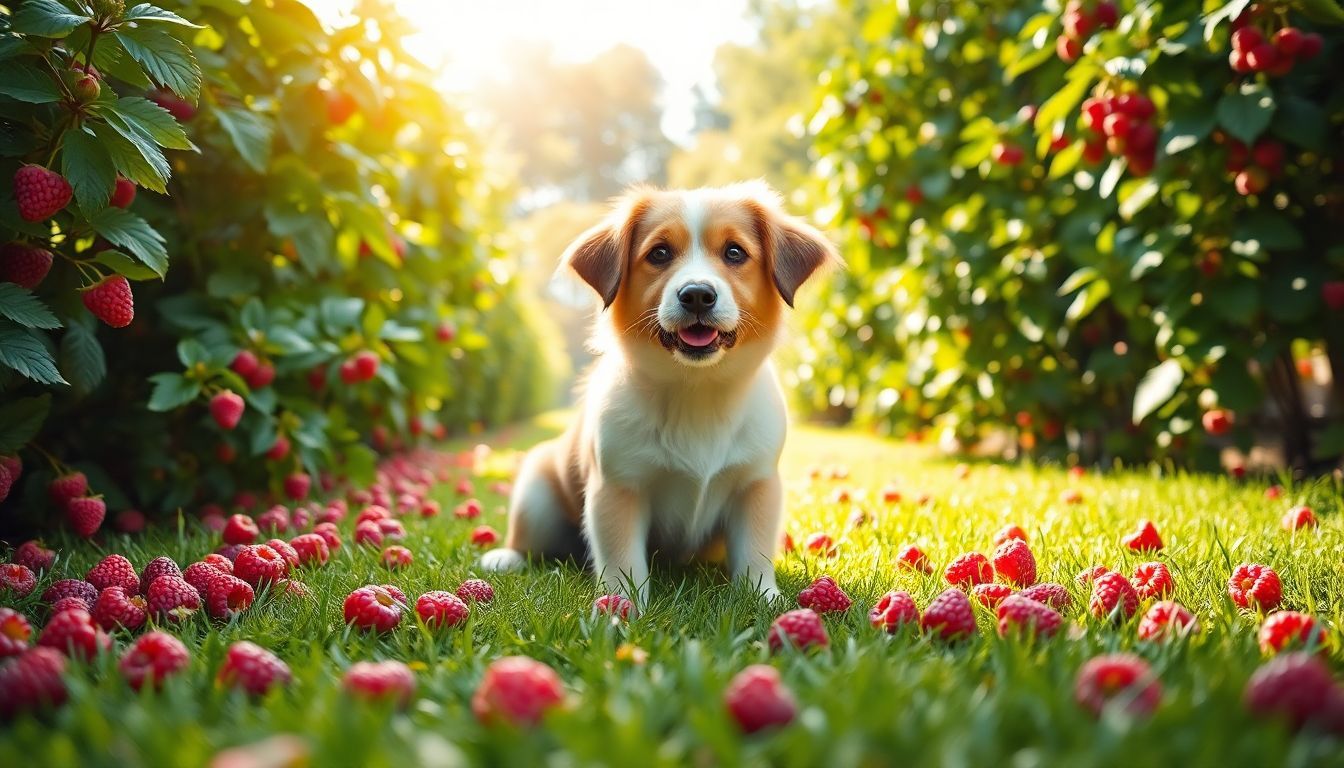 Een schattige hond zit in een groene tuin omringd door rijpe frambozen.