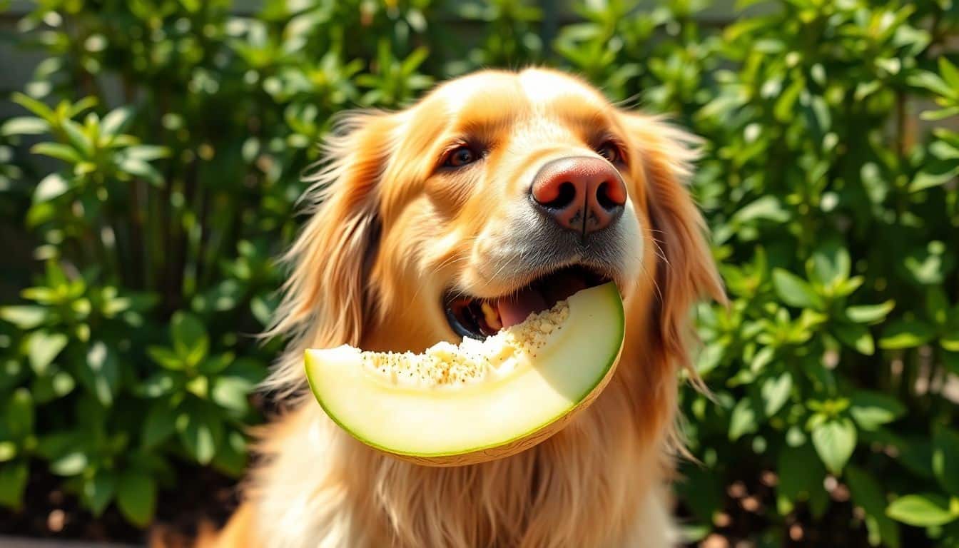 Een vrolijke golden retriever geniet van een stuk Galia-meloen in een zonnige achtertuin. Een vrolijke golden retriever geniet van een stuk Galia-meloen in een zonnige achtertuin.