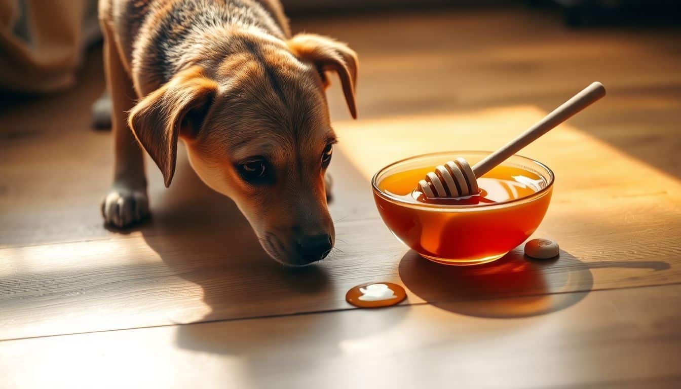 Een nieuwsgierige hond snuffelt voorzichtig aan een kommetje honing op de vloer.
