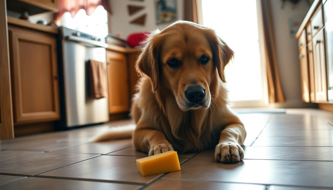 Een gouden retriever staart naar een plakje milde cheddar kaas. Een gouden retriever staart naar een plakje milde cheddar kaas.