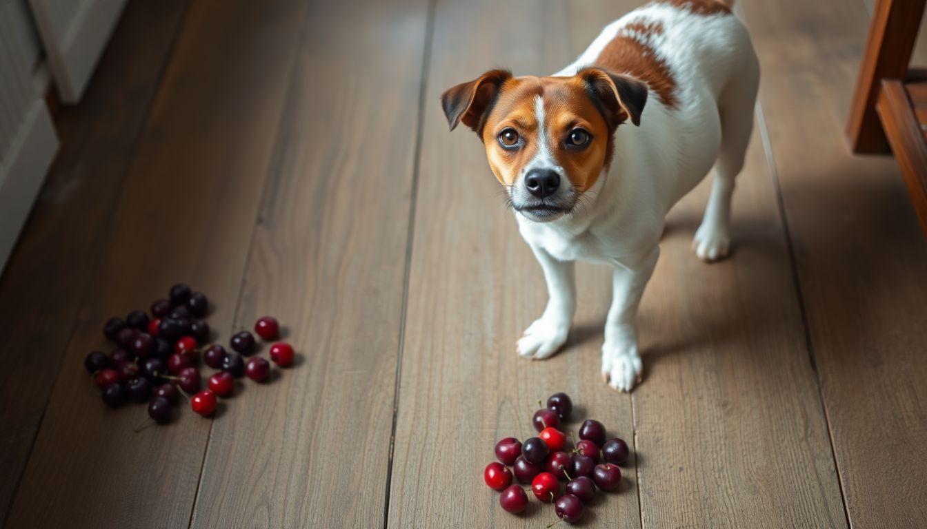 Een hond staat op houten vloer en kijkt naar gemorste kersen. Een hond staat op houten vloer en kijkt naar gemorste kersen.
