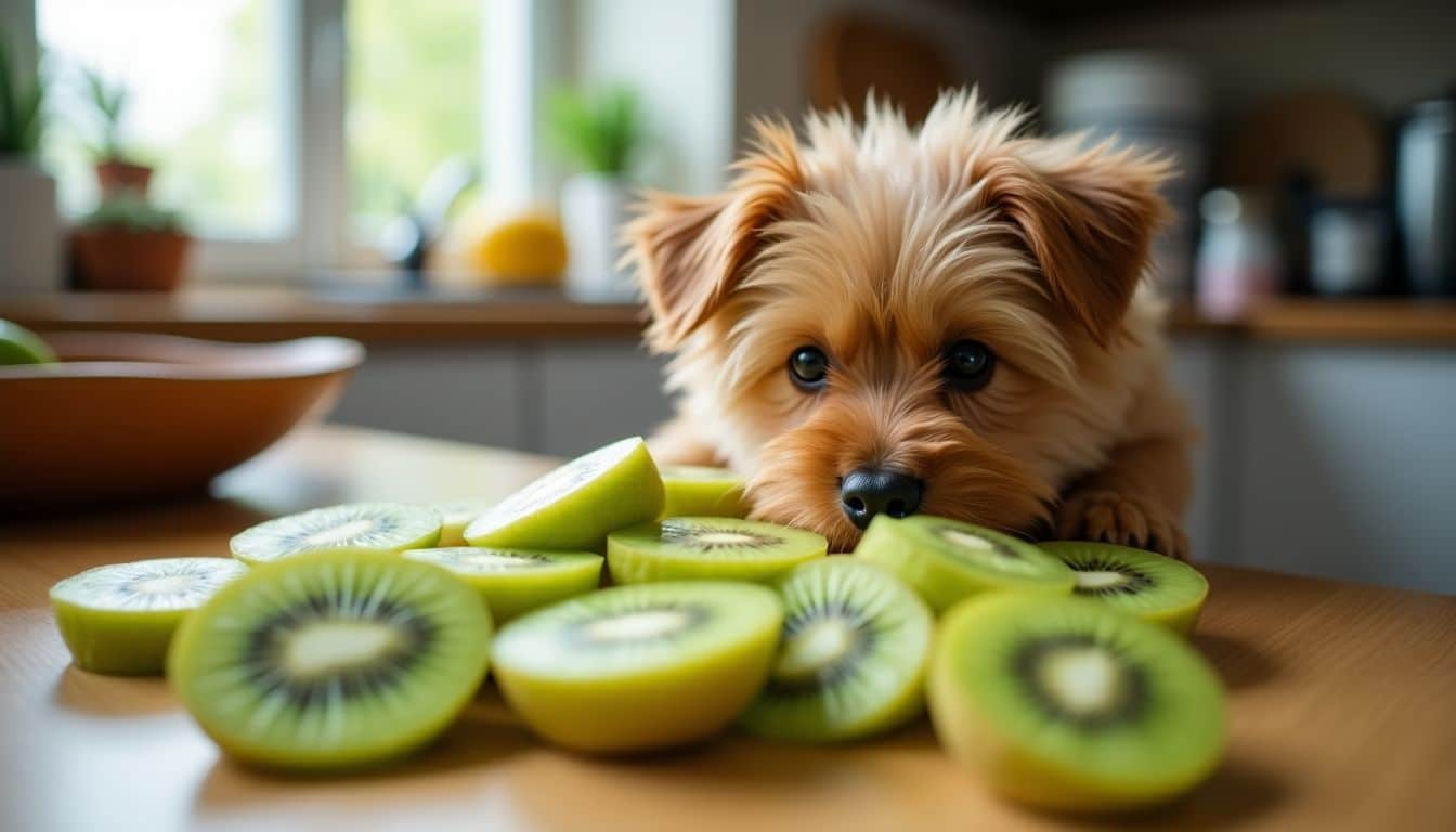 Een schattige hond snuffelt rond in een rommelige keuken met kiwi plakjes.
