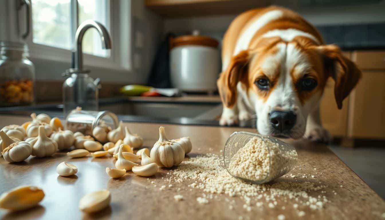 Een rommelige keuken met knoflook en een hond die op ontdekkingstocht gaat.
