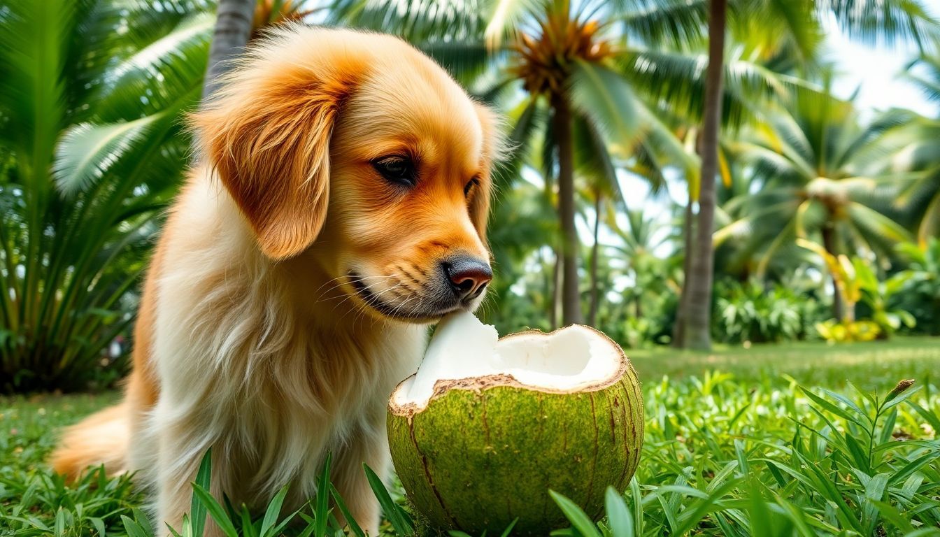 Een fluffy golden retriever snuift voorzichtig aan een verse kokosnoot in een tropische tuin.