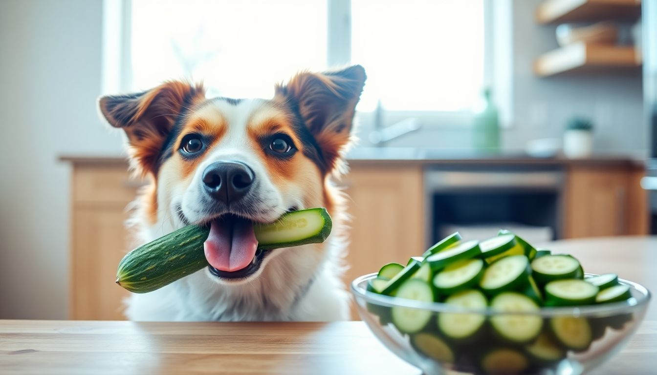 Een vrolijke hond geniet van een komkommer in een lichte keuken.