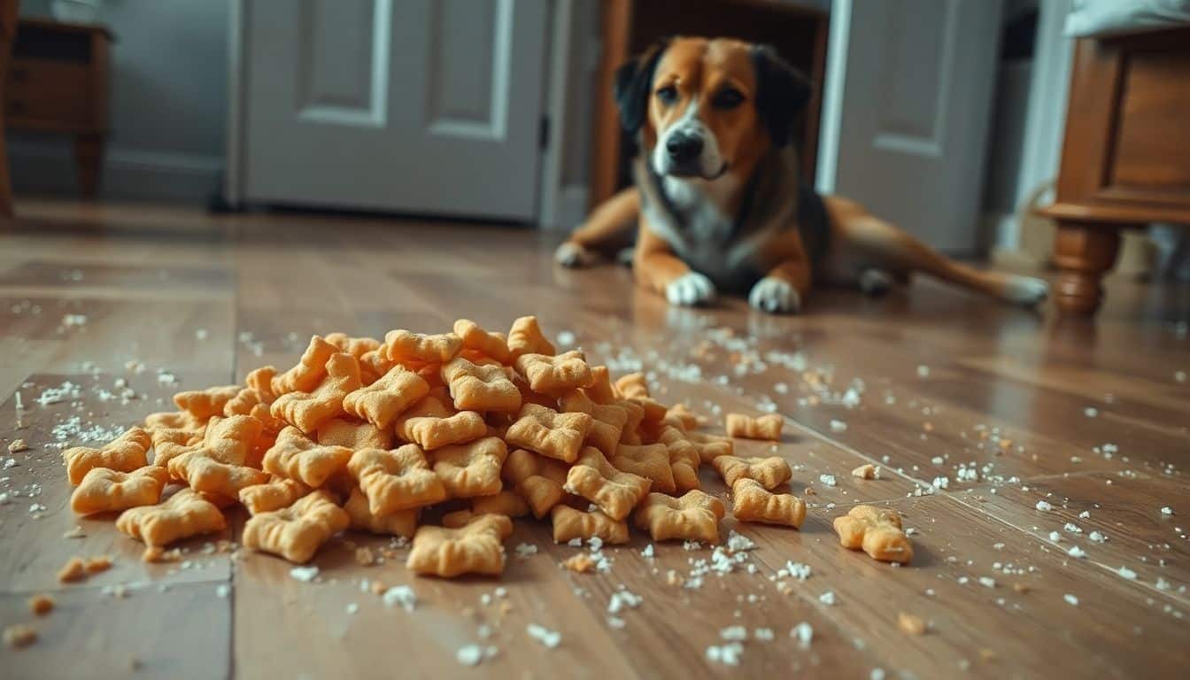 Een hond kijkt naar kroepoek snacks op de vloer.
