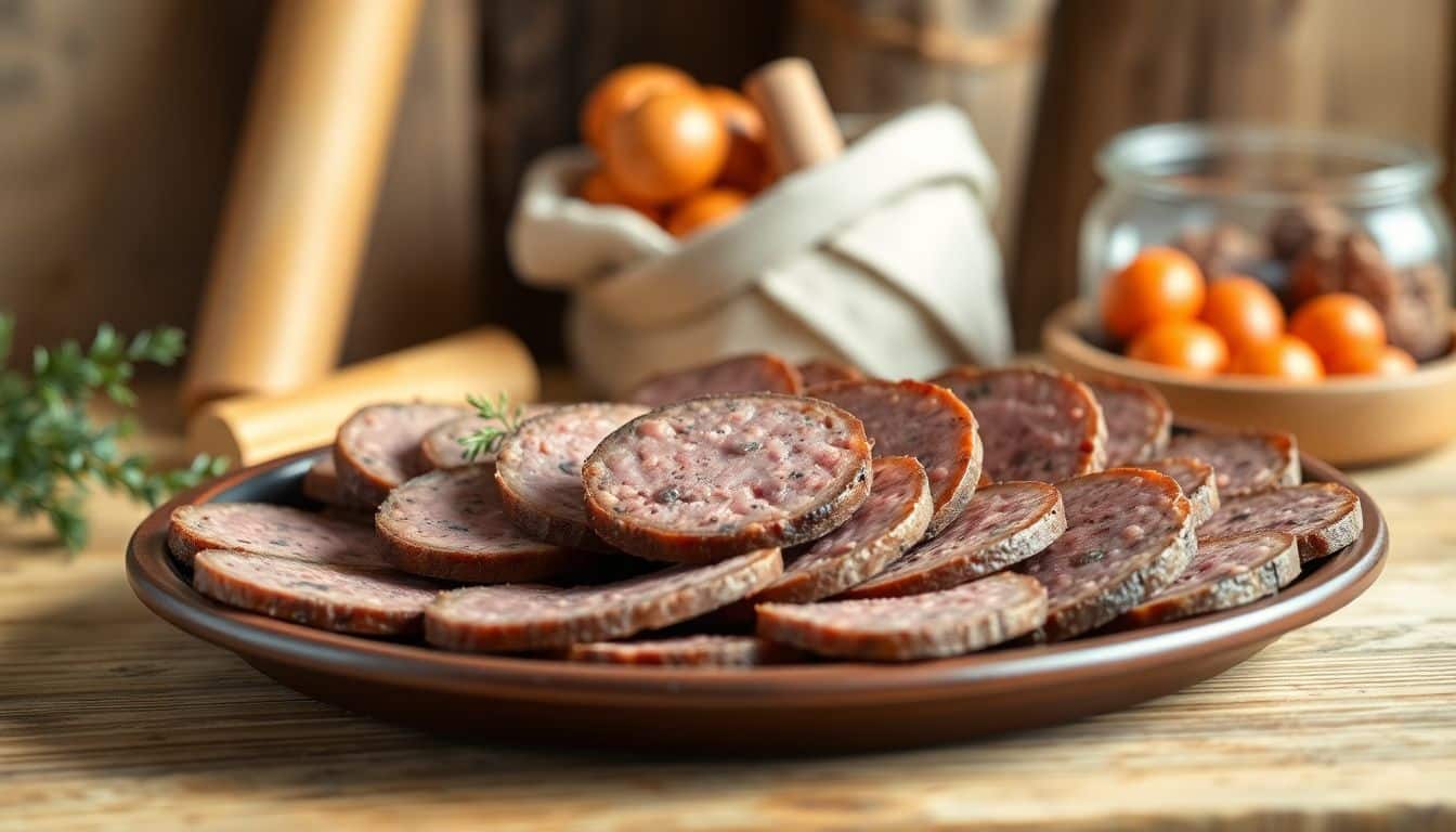 Een close-up foto van een platter met plakjes leverworst.